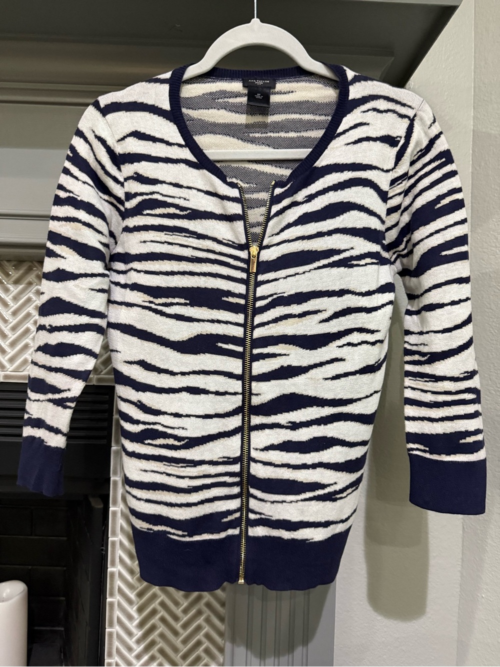 Ann Taylor Navy and Light Gray Zebra-Print Zip Cardigan